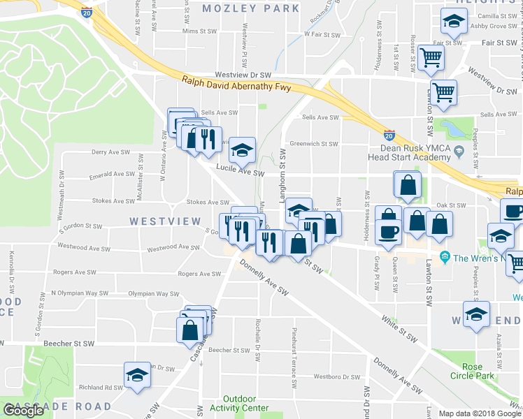 map of restaurants, bars, coffee shops, grocery stores, and more near Muse Street Southwest in Atlanta
