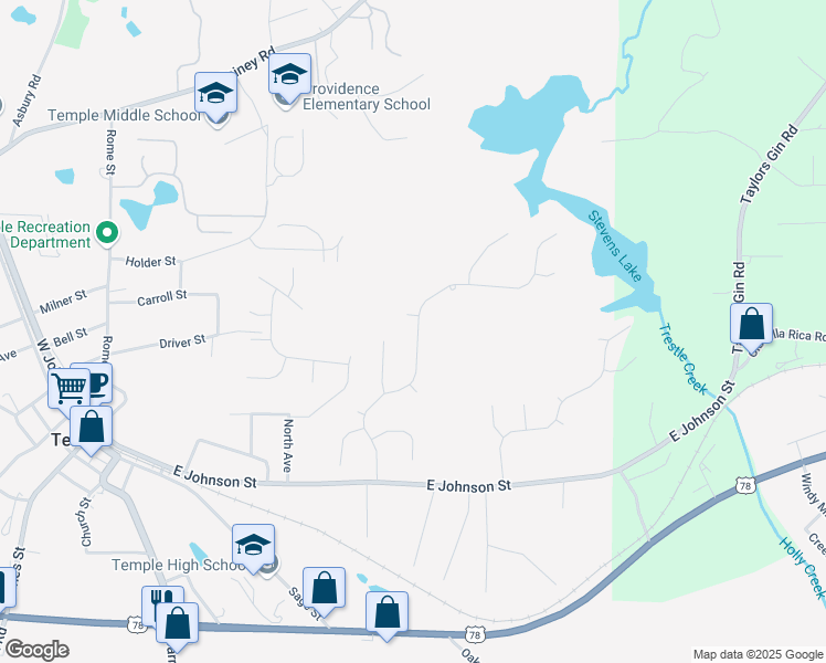 map of restaurants, bars, coffee shops, grocery stores, and more near 180 Ivey Lake Parkway in Temple