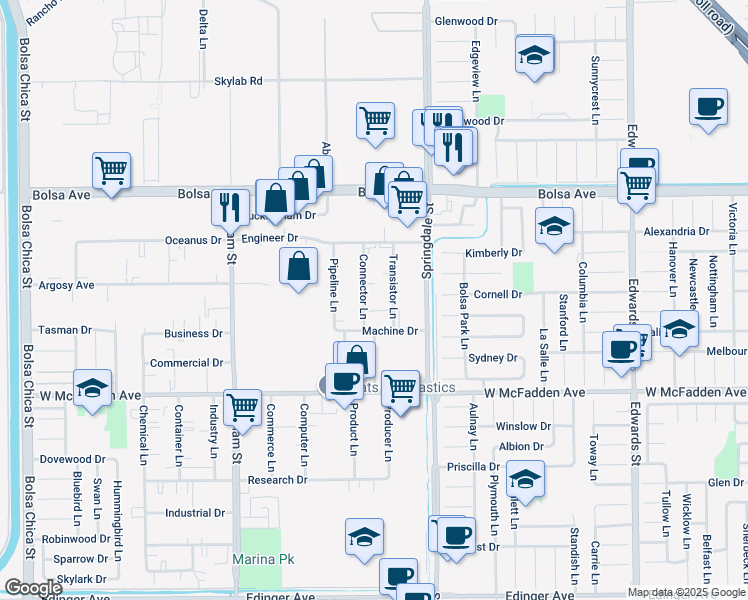 map of restaurants, bars, coffee shops, grocery stores, and more near 15201-15221 Connector Lane in Huntington Beach