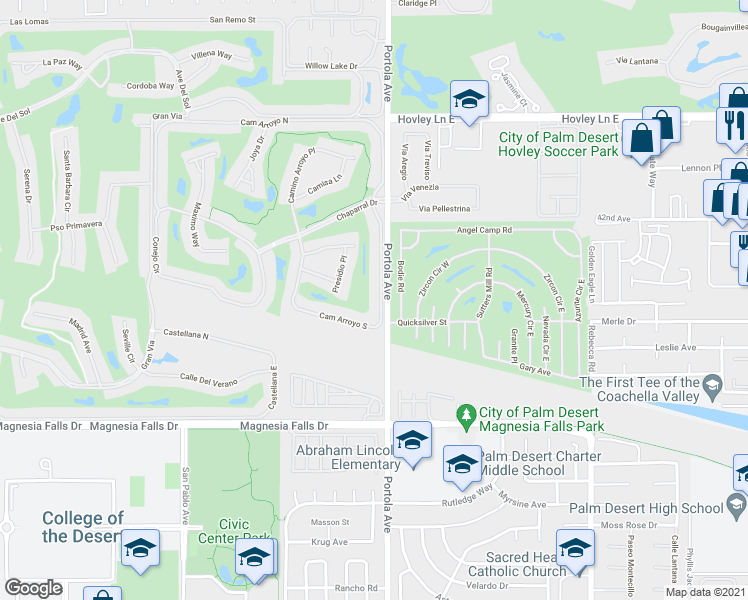 map of restaurants, bars, coffee shops, grocery stores, and more near 79 Cam Arroyo South in Palm Desert