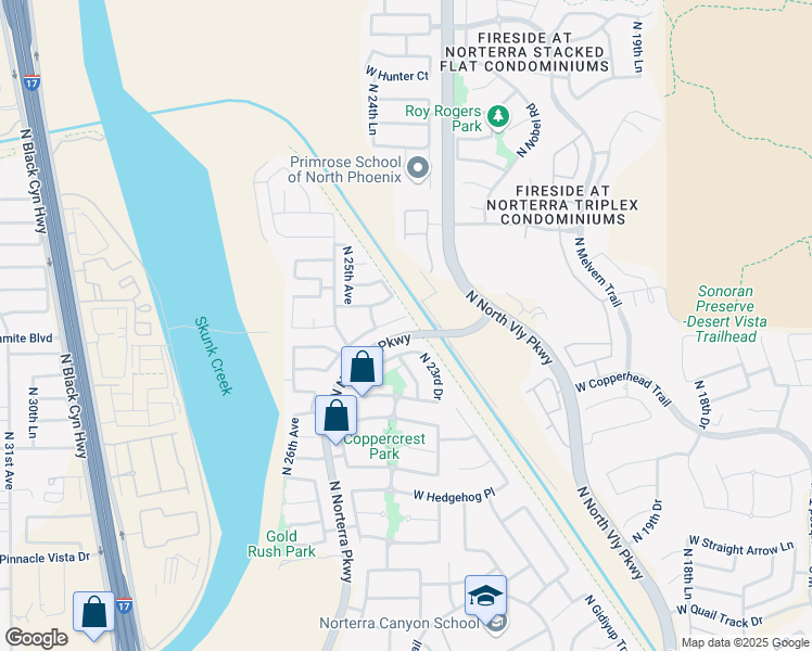 map of restaurants, bars, coffee shops, grocery stores, and more near 2407 West Via Dona Road in Phoenix