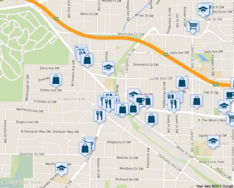 map of restaurants, bars, coffee shops, grocery stores, and more near Oak St SW & Muse St SW in Atlanta