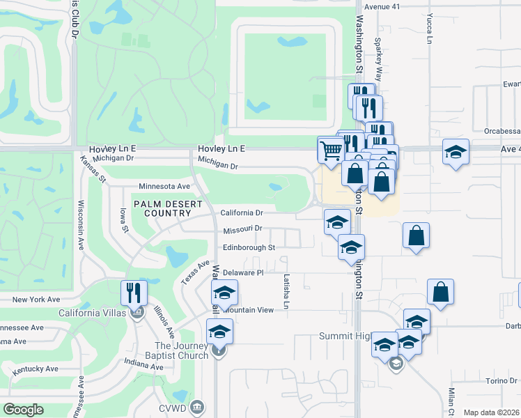 map of restaurants, bars, coffee shops, grocery stores, and more near 77640 California Drive in Palm Desert