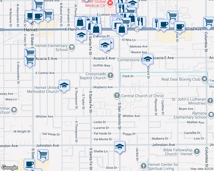 map of restaurants, bars, coffee shops, grocery stores, and more near 1108 Mayberry Avenue in Hemet