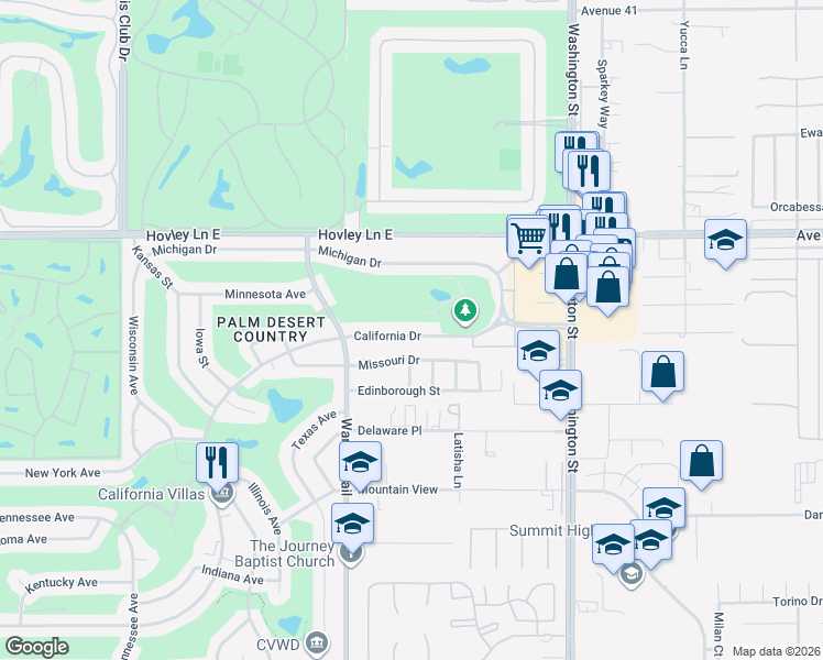 map of restaurants, bars, coffee shops, grocery stores, and more near 77630 California Drive in Palm Desert