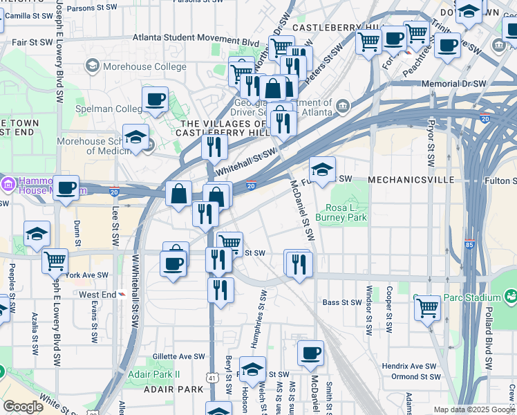 map of restaurants, bars, coffee shops, grocery stores, and more near Fulton St SW & Humphries St SW in Atlanta