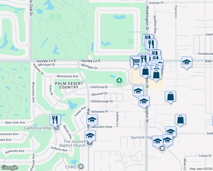 map of restaurants, bars, coffee shops, grocery stores, and more near 77640 California Drive in Palm Desert