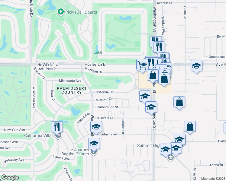 map of restaurants, bars, coffee shops, grocery stores, and more near 77650 California Drive in Palm Desert