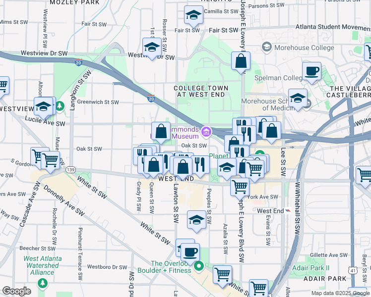 map of restaurants, bars, coffee shops, grocery stores, and more near 1060 Oak Street Southwest in Atlanta