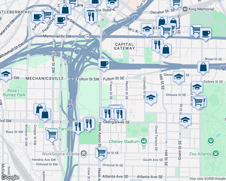 map of restaurants, bars, coffee shops, grocery stores, and more near 489 Reed Street Southeast in Atlanta