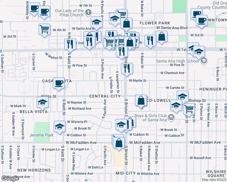 map of restaurants, bars, coffee shops, grocery stores, and more near 509 South Poplar Street in Santa Ana