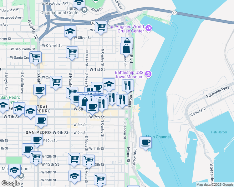 map of restaurants, bars, coffee shops, grocery stores, and more near 425 South Palos Verdes Street in Los Angeles