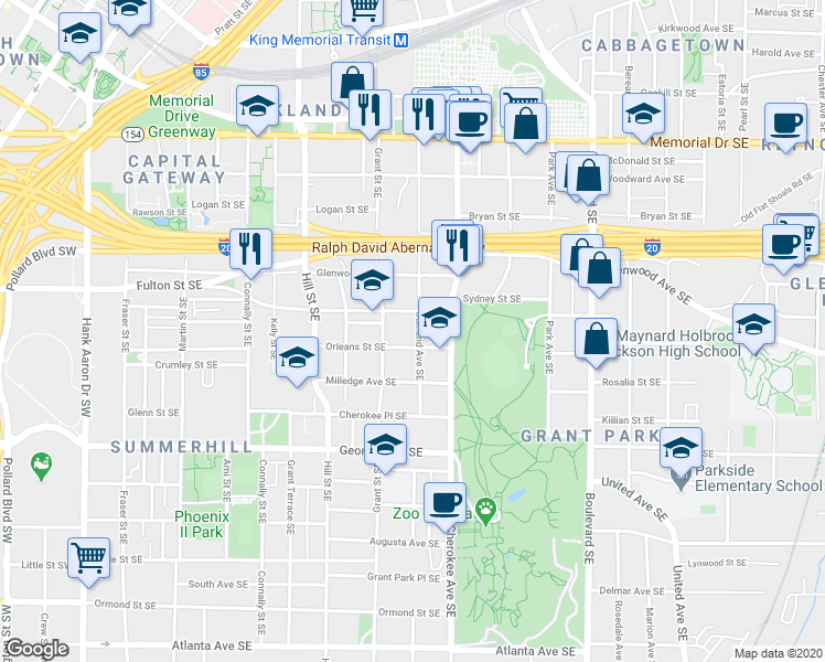 map of restaurants, bars, coffee shops, grocery stores, and more near 513 Oakland Avenue Southeast in Atlanta