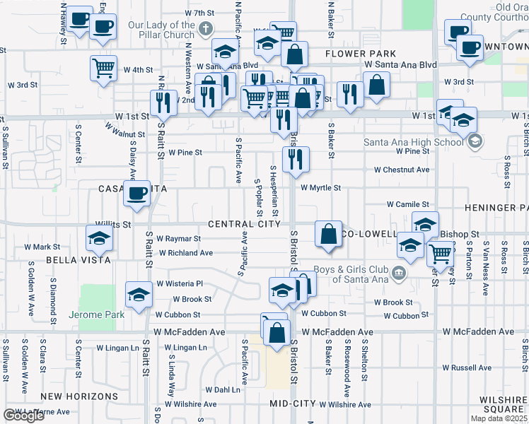 map of restaurants, bars, coffee shops, grocery stores, and more near 509 South Poplar Street in Santa Ana
