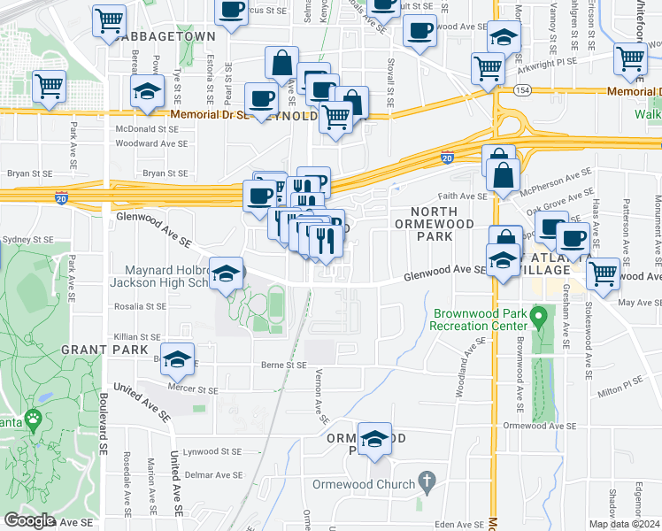map of restaurants, bars, coffee shops, grocery stores, and more near 480 Bartram Street Southeast in Atlanta