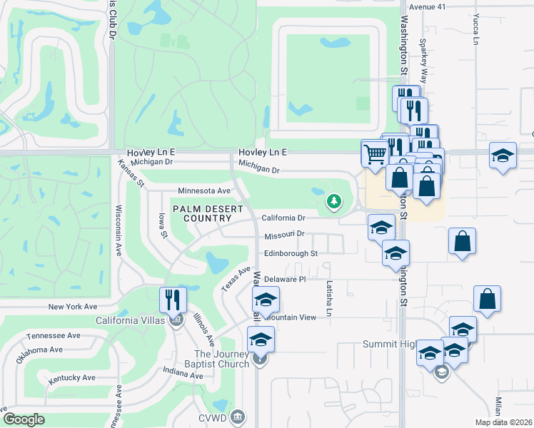 map of restaurants, bars, coffee shops, grocery stores, and more near 77530 California Drive in Palm Desert