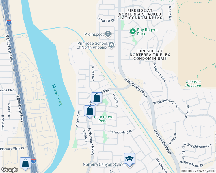 map of restaurants, bars, coffee shops, grocery stores, and more near 2407 West Via Dona Road in Phoenix