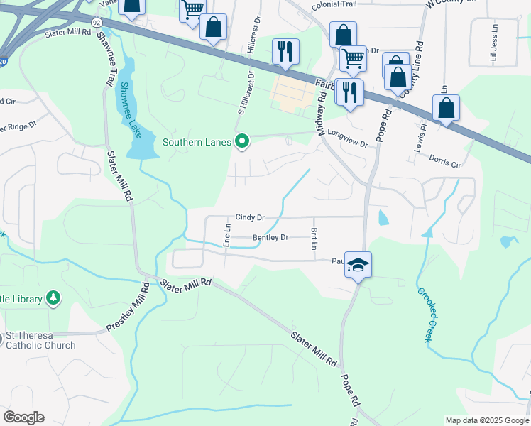 map of restaurants, bars, coffee shops, grocery stores, and more near 3884 Cindy Drive in Douglasville