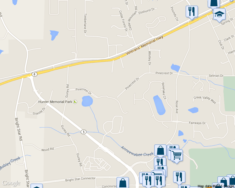 map of restaurants, bars, coffee shops, grocery stores, and more near 7231 Pinecrest Drive in Douglasville
