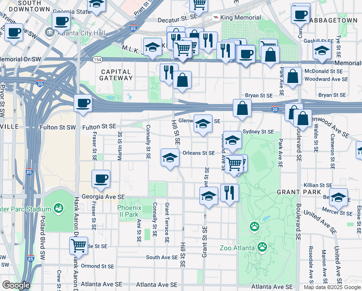 map of restaurants, bars, coffee shops, grocery stores, and more near 518 Hill Street Southeast in Atlanta