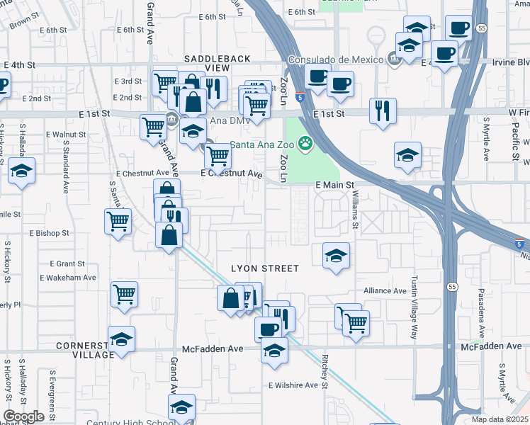 map of restaurants, bars, coffee shops, grocery stores, and more near 521 South Lyon Street in Santa Ana