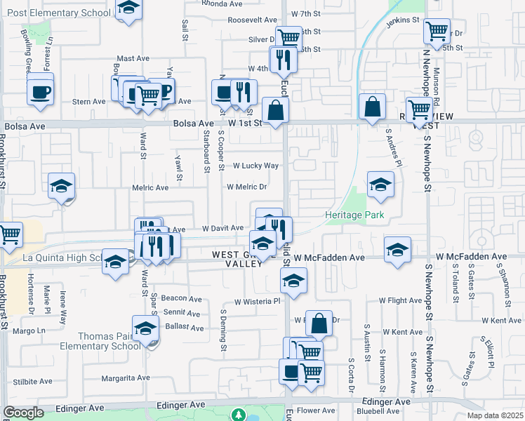 map of restaurants, bars, coffee shops, grocery stores, and more near 5313 West Keelson Avenue in Santa Ana