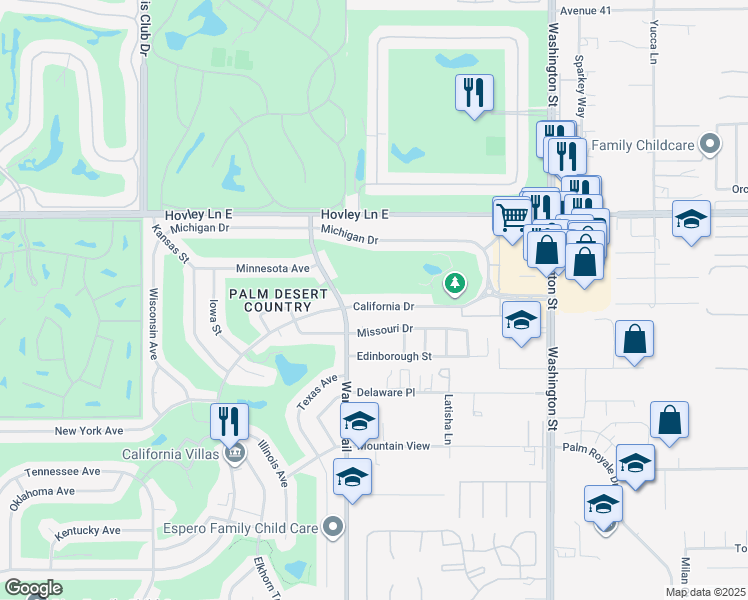 map of restaurants, bars, coffee shops, grocery stores, and more near 77560 California Drive in Palm Desert