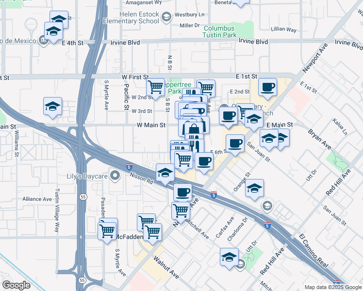 map of restaurants, bars, coffee shops, grocery stores, and more near C Street in Tustin