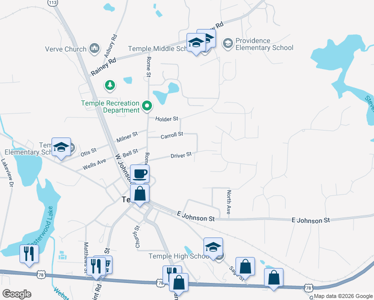 map of restaurants, bars, coffee shops, grocery stores, and more near 145 Carroll Street in Temple
