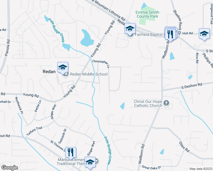 map of restaurants, bars, coffee shops, grocery stores, and more near 5911 Christopher Lane in Lithonia