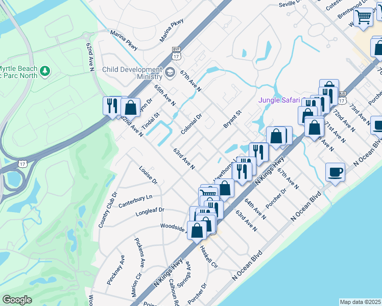 map of restaurants, bars, coffee shops, grocery stores, and more near 6306B Wedgewood Street in Myrtle Beach