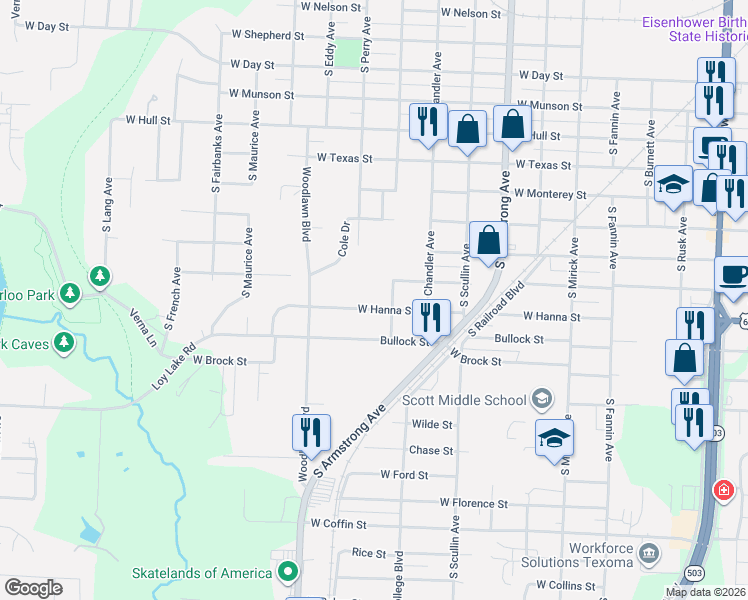 map of restaurants, bars, coffee shops, grocery stores, and more near 1509 South Tone Avenue in Denison
