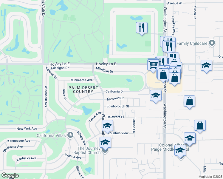 map of restaurants, bars, coffee shops, grocery stores, and more near 77560 California Drive in Palm Desert