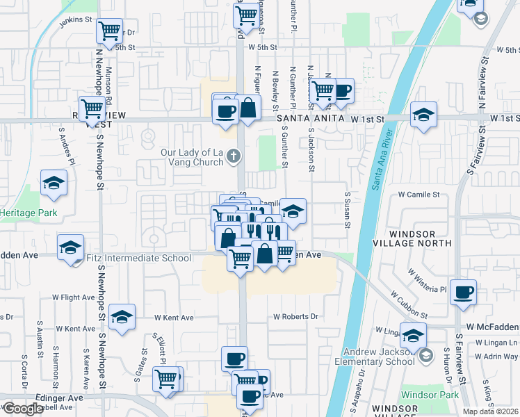 map of restaurants, bars, coffee shops, grocery stores, and more near 3700 West Camile Street in Santa Ana