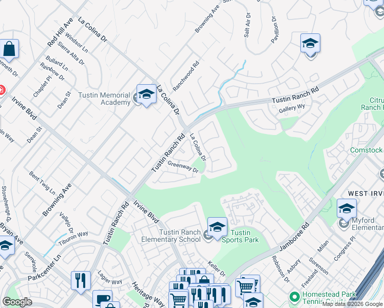 map of restaurants, bars, coffee shops, grocery stores, and more near 2376 Tryall in Tustin