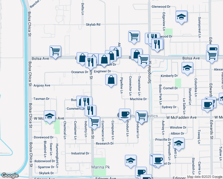 map of restaurants, bars, coffee shops, grocery stores, and more near 5600 Argosy Avenue in Huntington Beach