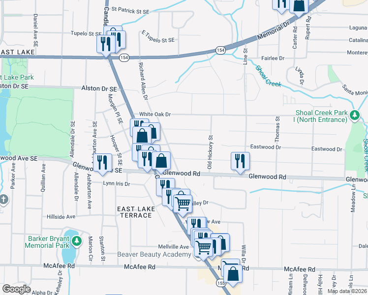 map of restaurants, bars, coffee shops, grocery stores, and more near 2557 Eastwood Drive in Decatur