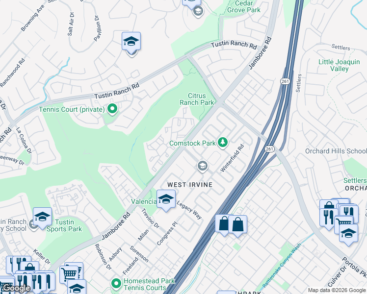 map of restaurants, bars, coffee shops, grocery stores, and more near Jamboree Road & Champion Way in Irvine