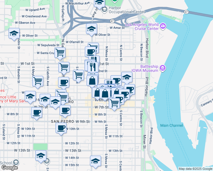 map of restaurants, bars, coffee shops, grocery stores, and more near South Mesa Street & West 4th Street in Los Angeles