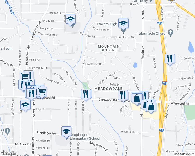 map of restaurants, bars, coffee shops, grocery stores, and more near 3607 Tulip Drive in Decatur