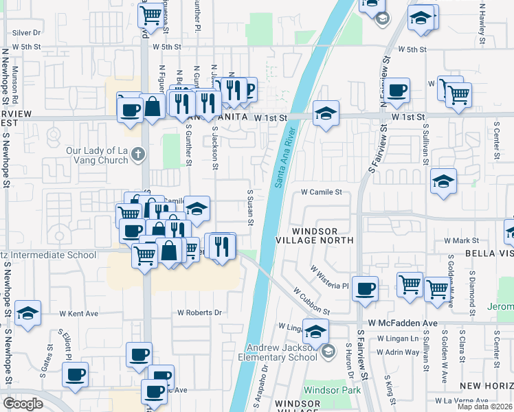 map of restaurants, bars, coffee shops, grocery stores, and more near 422 South Susan Street in Santa Ana
