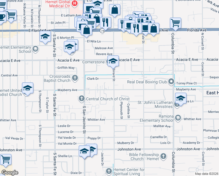 map of restaurants, bars, coffee shops, grocery stores, and more near 40430 Mayberry Avenue in Hemet