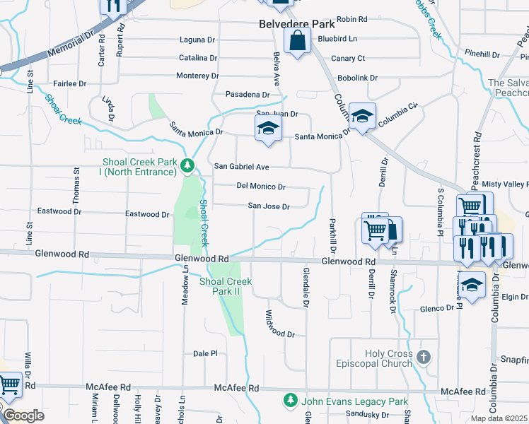 map of restaurants, bars, coffee shops, grocery stores, and more near 3031 San Jose Drive in Decatur
