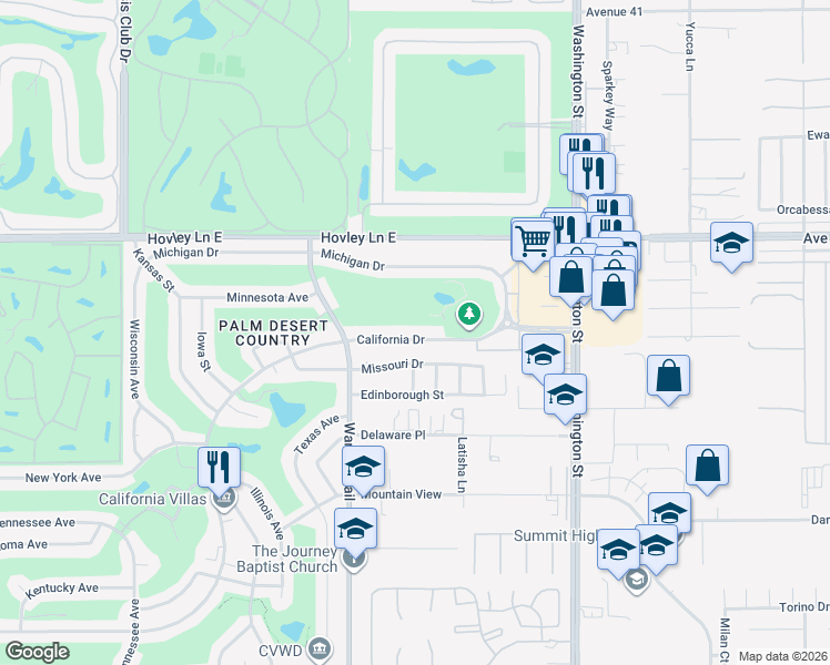 map of restaurants, bars, coffee shops, grocery stores, and more near 77630 California Drive in Palm Desert