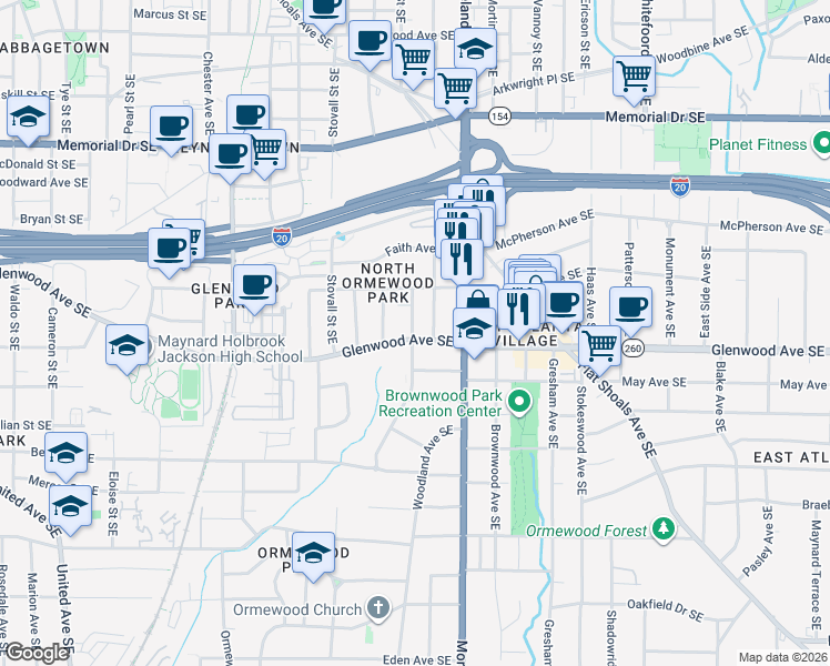 map of restaurants, bars, coffee shops, grocery stores, and more near 492 Hemlock Circle Southeast in Atlanta