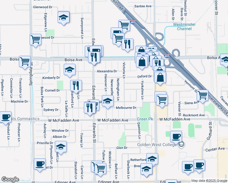 map of restaurants, bars, coffee shops, grocery stores, and more near 15231 Nottingham Lane in Huntington Beach