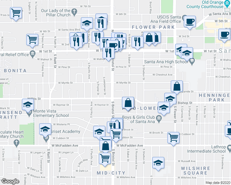 map of restaurants, bars, coffee shops, grocery stores, and more near 1250 West Camile Street in Santa Ana