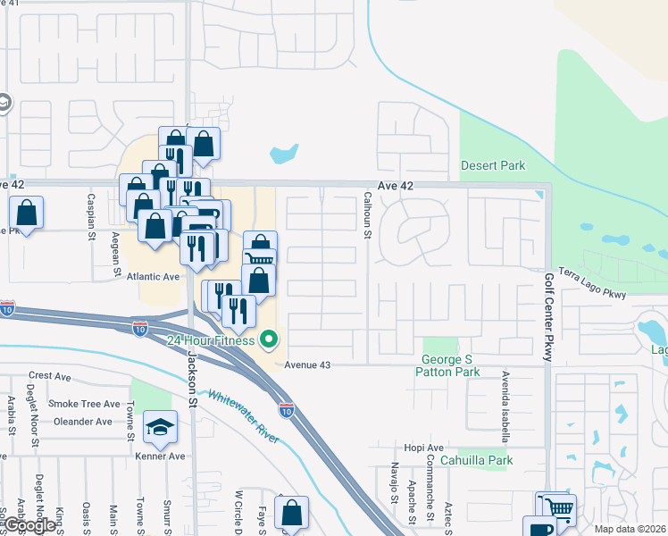 map of restaurants, bars, coffee shops, grocery stores, and more near 83399 Wagon Road in Indio