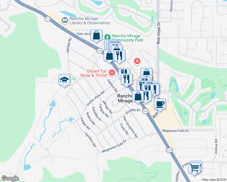 map of restaurants, bars, coffee shops, grocery stores, and more near 42278 Dunes View Road in Rancho Mirage