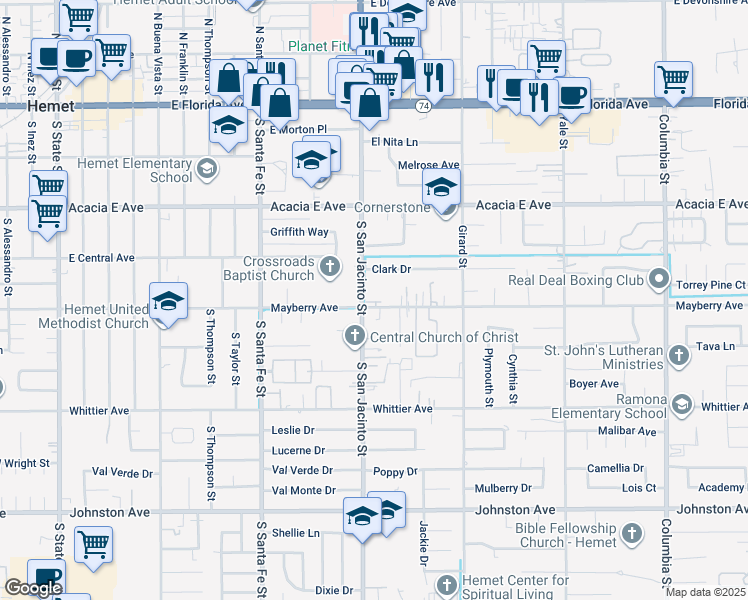 map of restaurants, bars, coffee shops, grocery stores, and more near 26200 San Jacinto Street in Hemet